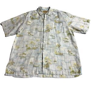 Tommy Bahama Shirt Mens Size L Large 100% Linen Button Up Hawaiian Palm Print